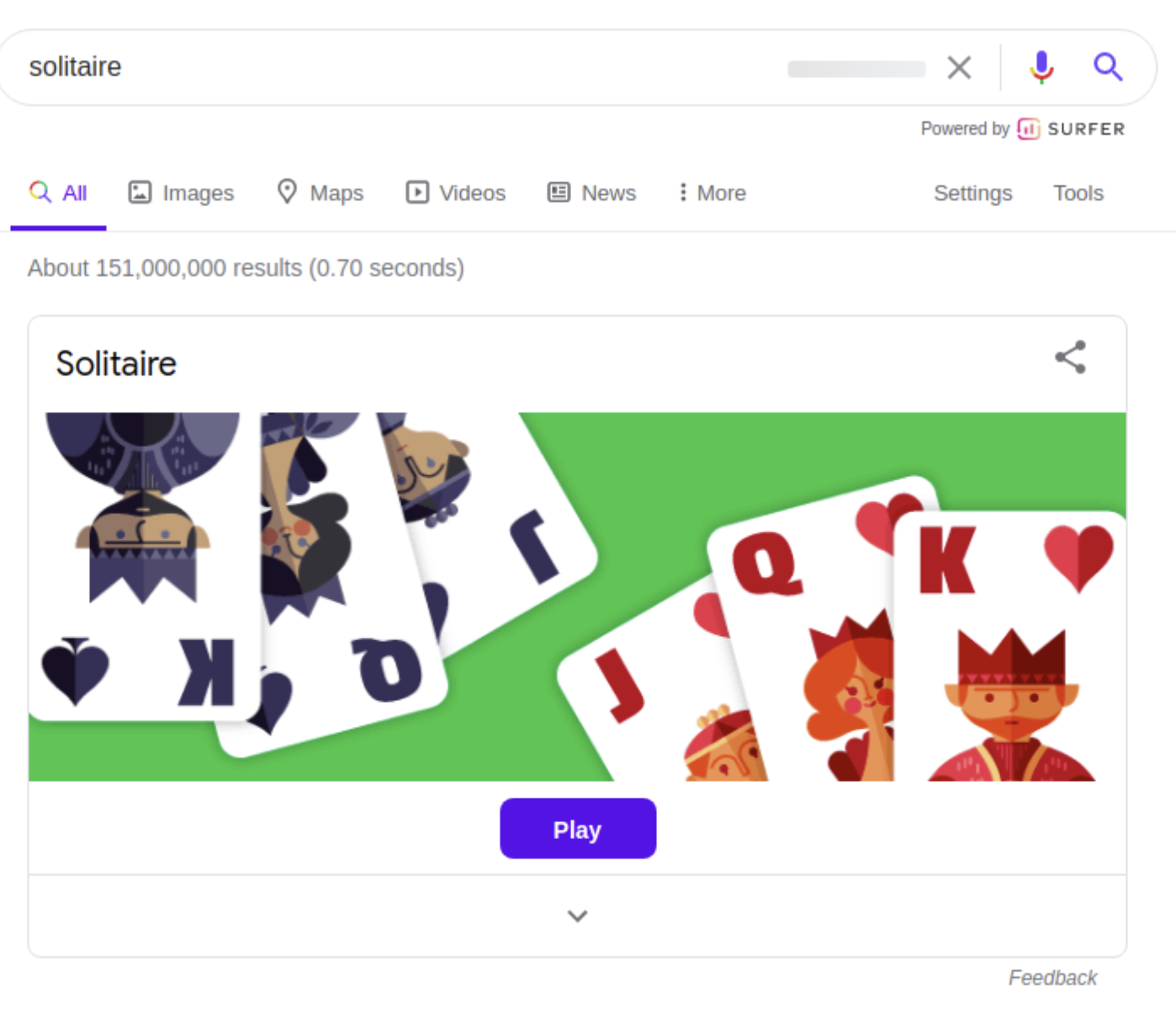 Google search results page for solitaire, with Google's own playable solitaire widget above the organic results