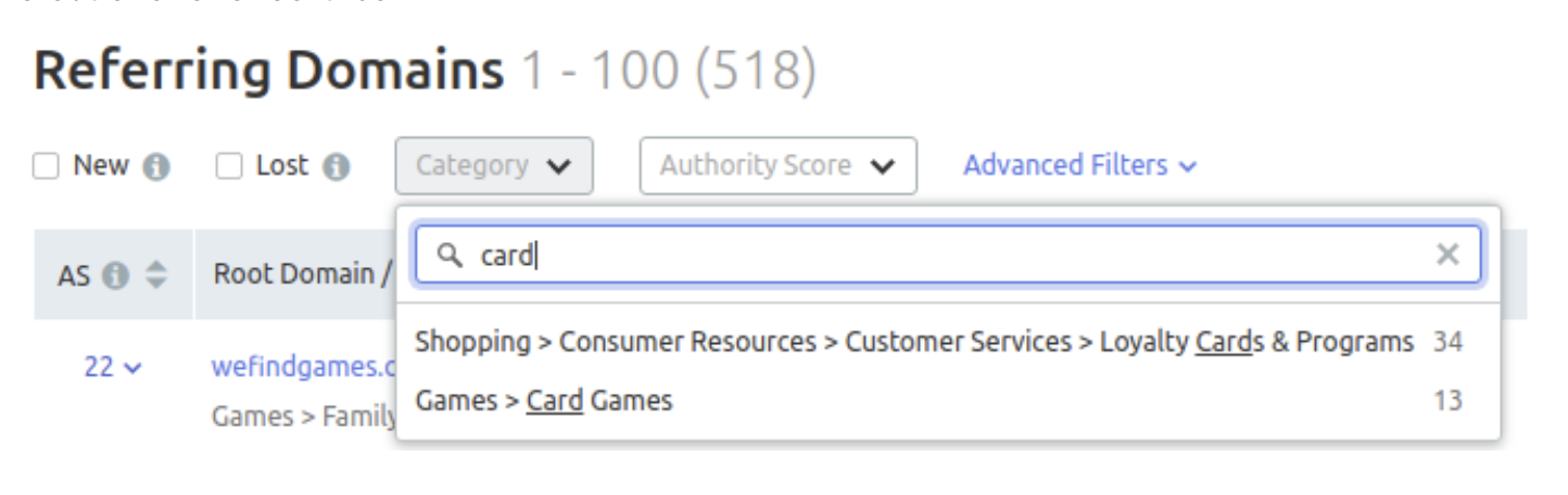 Referring domains report for solitr.com showing 518 referring domains