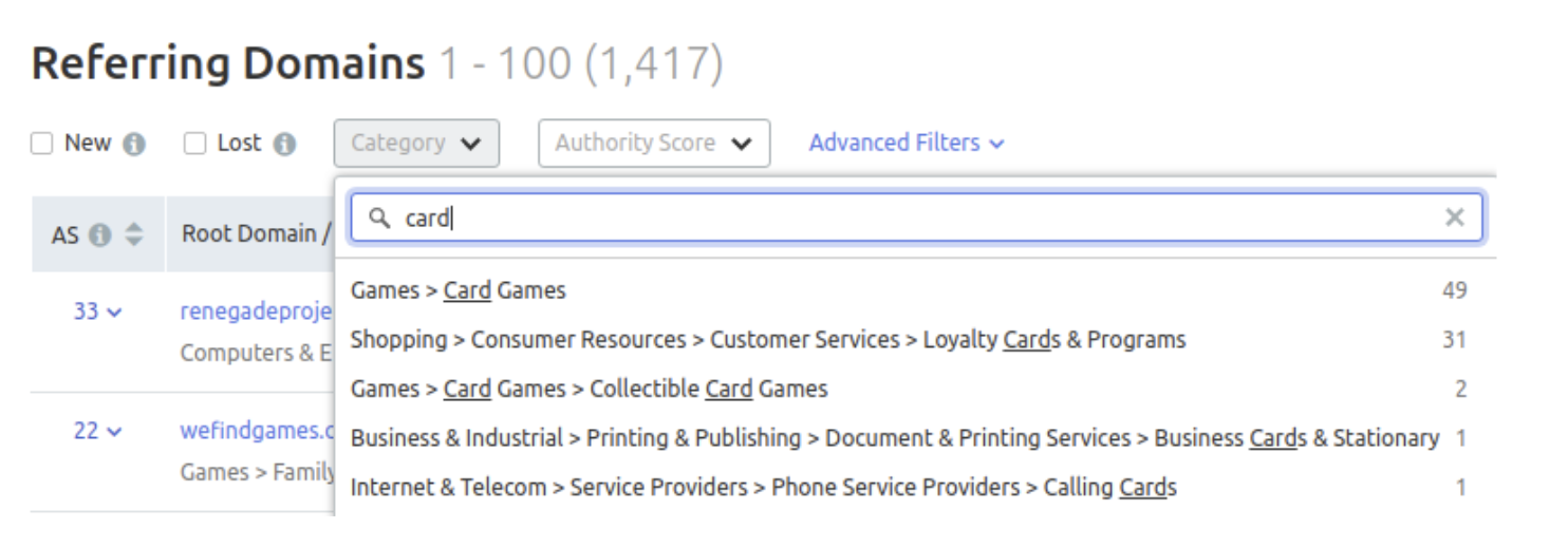 Referring domains report for worldofsolitaire.com showing 1,417 referring domains