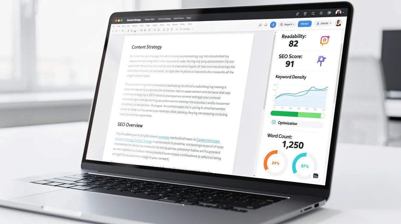 A laptop screen showing a Google Docs sidebar with Surfer content optimization metrics, keyword suggestions, and content score.