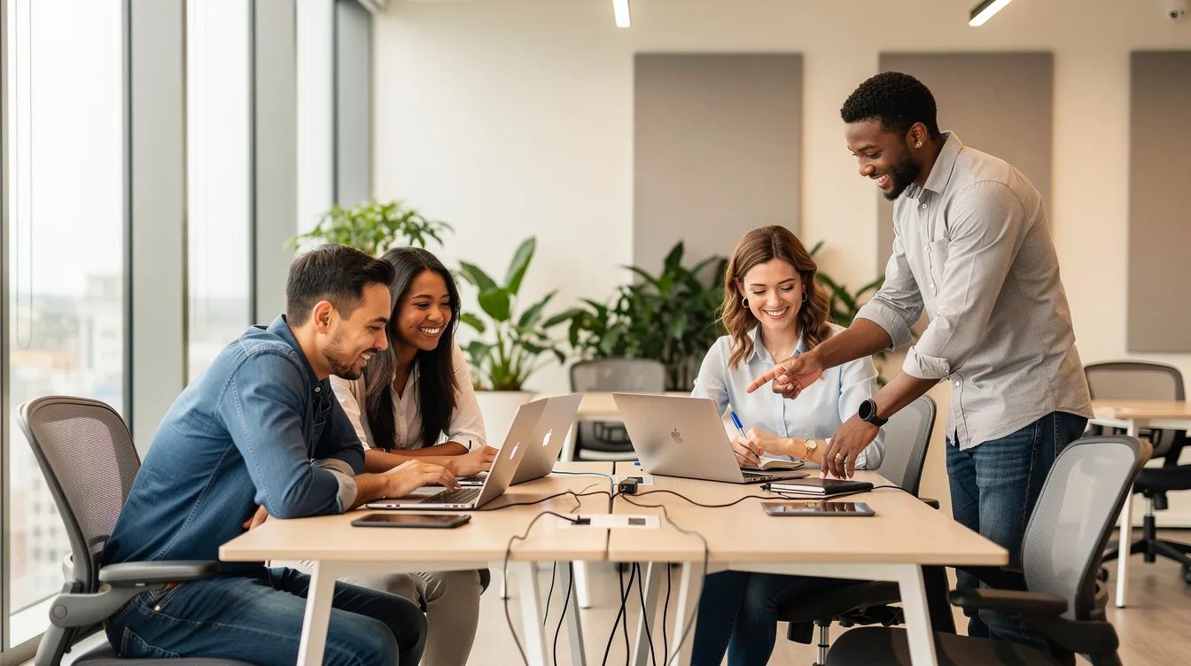 A team collaborating around laptops in a bright workspace, discussing content strategy.